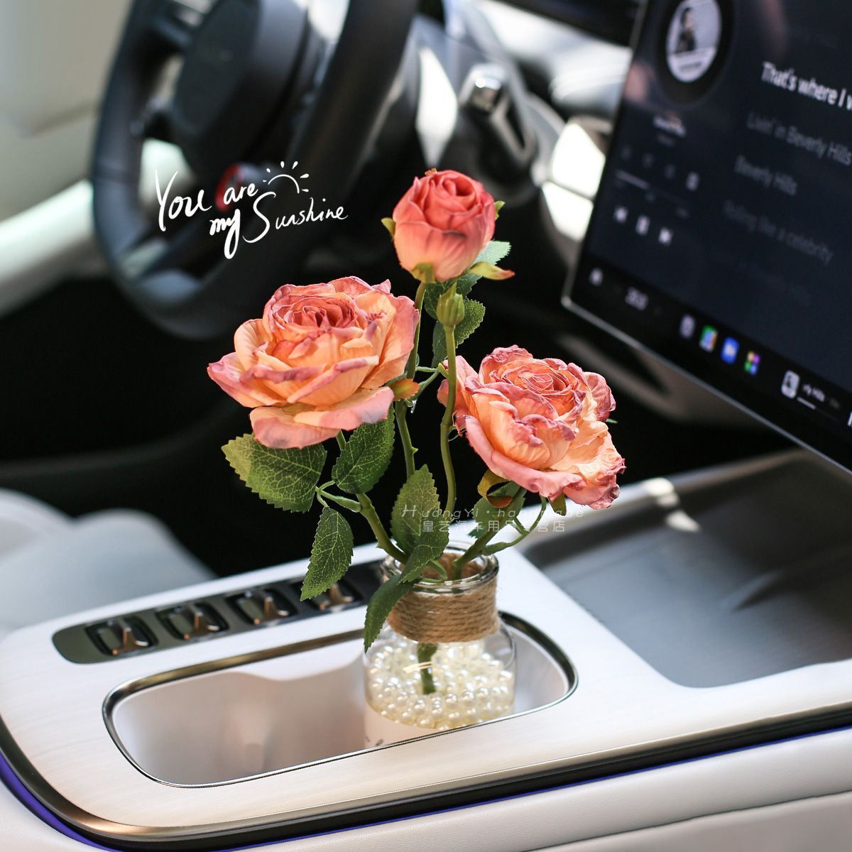 French Oil Painting with Burnt Edges, Artificial Flowers, Roses, Car Interior Accessories, Car Ornaments, Water Cup Slot Decoration, Car Bouquet Atmosphere