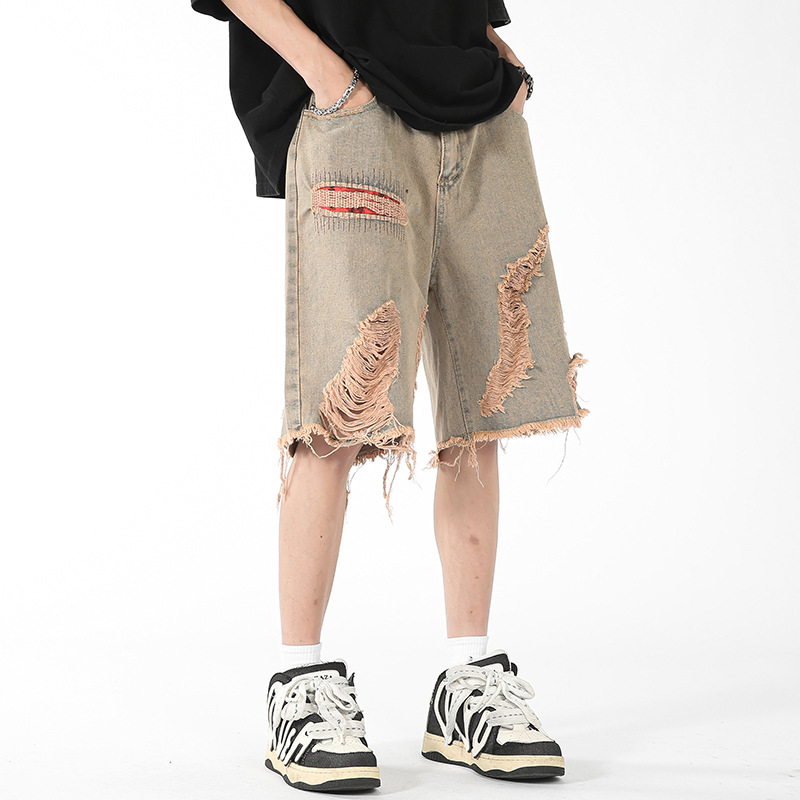 Jeans im amerikanischen Stil für Herren, 2024, Sommer, trendige Marke, Distressed-Denim-Shorts, Jugend, High Street, lockere, lässige Caprihosen_voghion.com