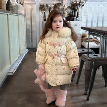 童装新款冬季棉袄冬装女童宝宝洋气加厚碎花连帽羽绒棉服棉衣外套