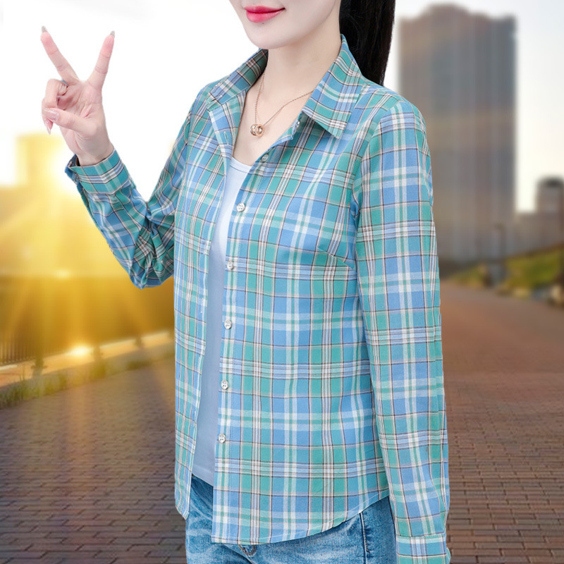 Pure Cotton Plaid Shirt Women's Long-sleeved All-match Western-style Middle-aged Mother Shirt Spring and Autumn New Slim-fit Slimming Top Pure Cotton Plaid Shirt Women's Long-sleeved All-match Western-style Middle-aged Mother Shirt Spring and Autumn New Slim-fit Slimming Top