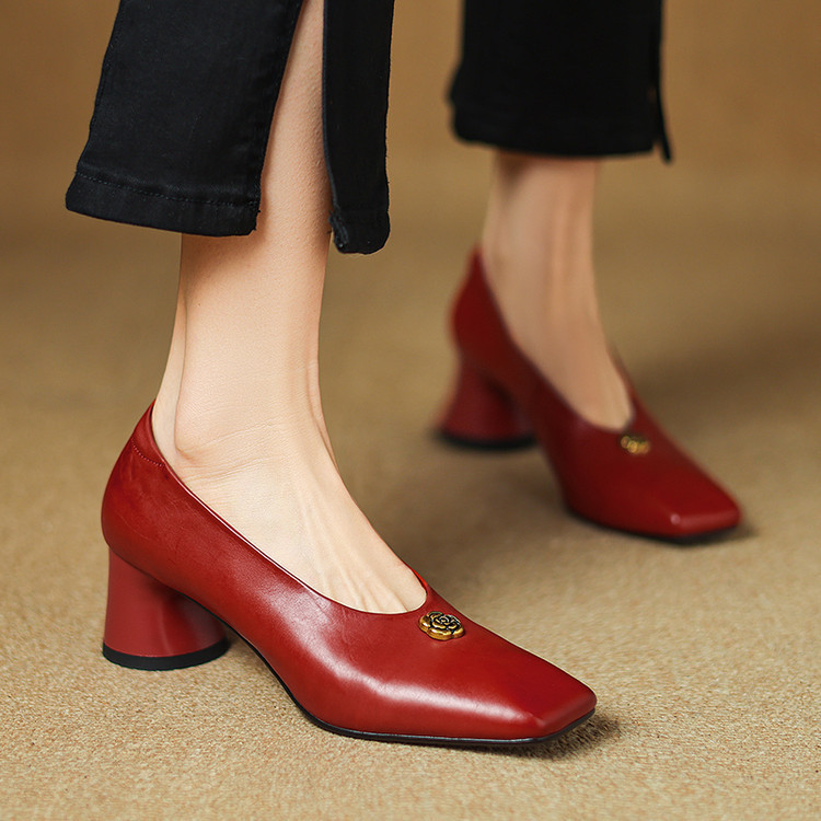 5Cm~Spring New Soft Leather Soft Sole Square Toe Shoes for Women Cowhide French Thick Heel High Heels for Women That Are Not Tiring for Feet Red