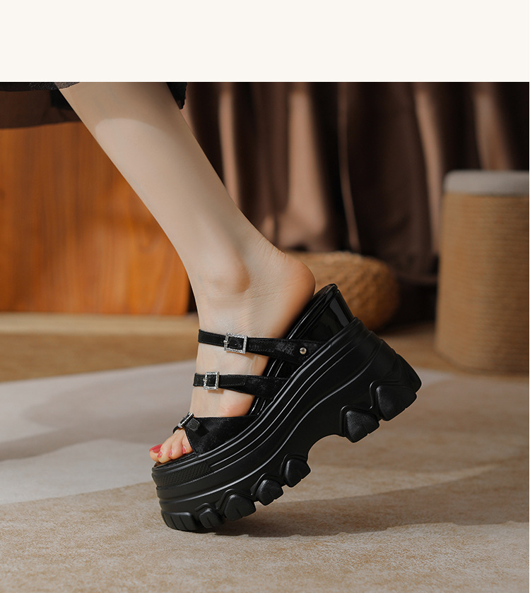 Sandal cao gót nữ đế xuồng 12cm da bò nguyên chất quai ngang — Màu đen, Màu trắng be, Màu hạnh nhân đậm chi tiết 20