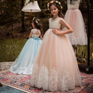 Cross-Border Amazon Best-Selling Middle-Aged and Older Children's Princess Dress Lace Classy Flower Girl Wedding Dress Long Tutu Skirt