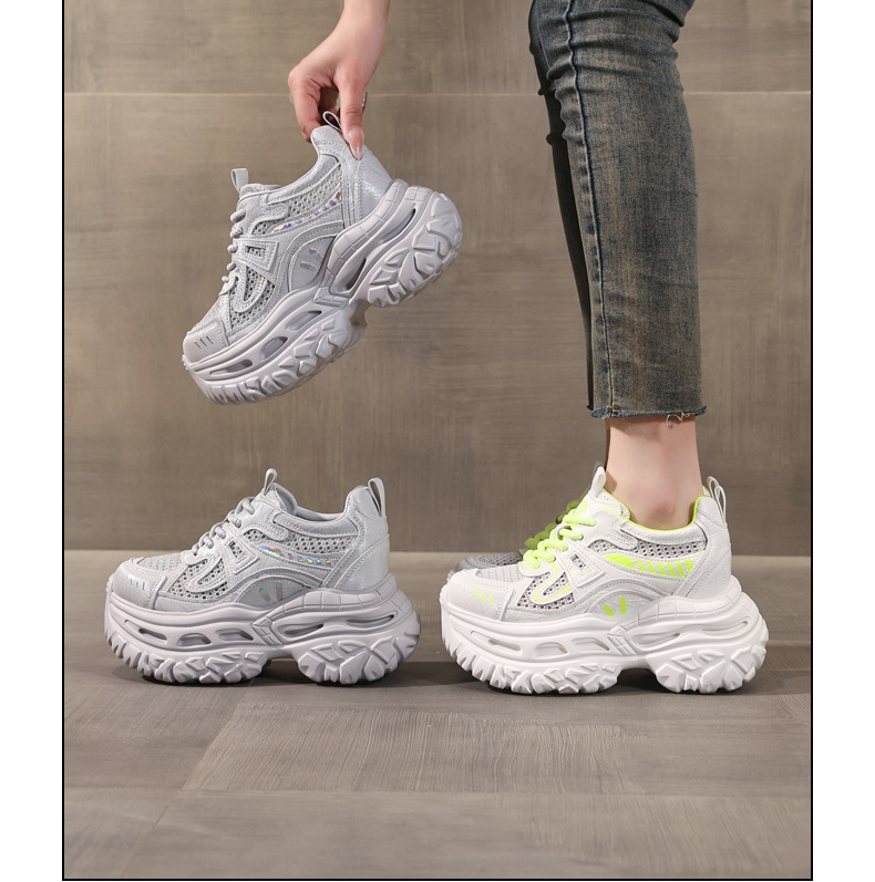 Giày sneaker nữ đế dày chunky lưới thoáng khí tăng chiều cao — Xám bạc chi tiết 15