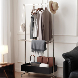 Vintage Stainless Steel Coat Rack, Light Luxury Floor-Standing Clothes Rack, Mobile Bedroom Home Storage Clothes Rack