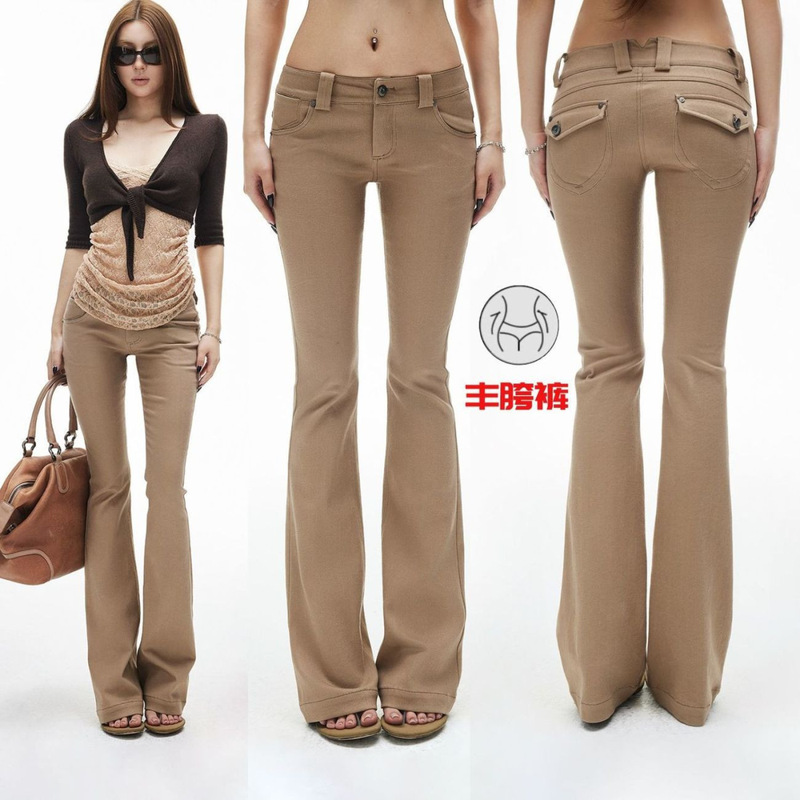 Comes with built-in hip pads~ Brown khaki low-waist jeans for women, leg-lengthening, trendy, slightly flared pants, a cross-border bestseller Comes with built-in hip pads~ Brown khaki low-waist jeans for women, leg-lengthening, trendy, slightly flared pants, a cross-border bestseller