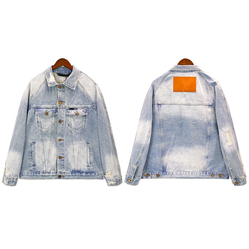 23Ss New Palm Angels Vintage-Style Jacket Angels Washed Patchwork Distressed Denim Jacket 23Ss New Palm Angels Vintage-Style Jacket Angels Washed Patchwork Distressed Denim Jacket