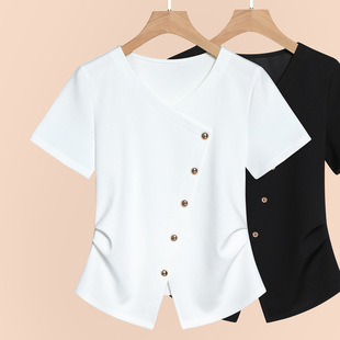 Shoulder Short-sleeved T-shirt Women's Summer 2025 New Women's Cross V-neck Solid Color T-shirt Irregular Hem Tight Waist Top