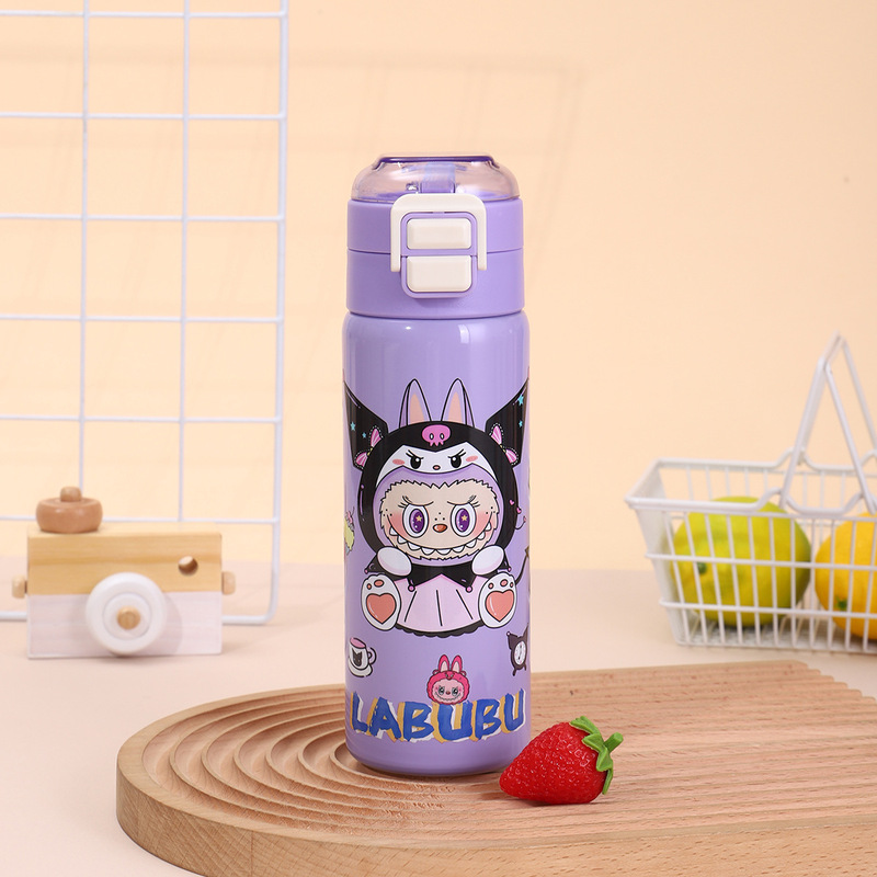 人気の漫画 Labubu ストローダブルドリンクカップバウンスポータブル子供用魔法瓶カップ屋外付属スポーツウォーターカップ|undefined