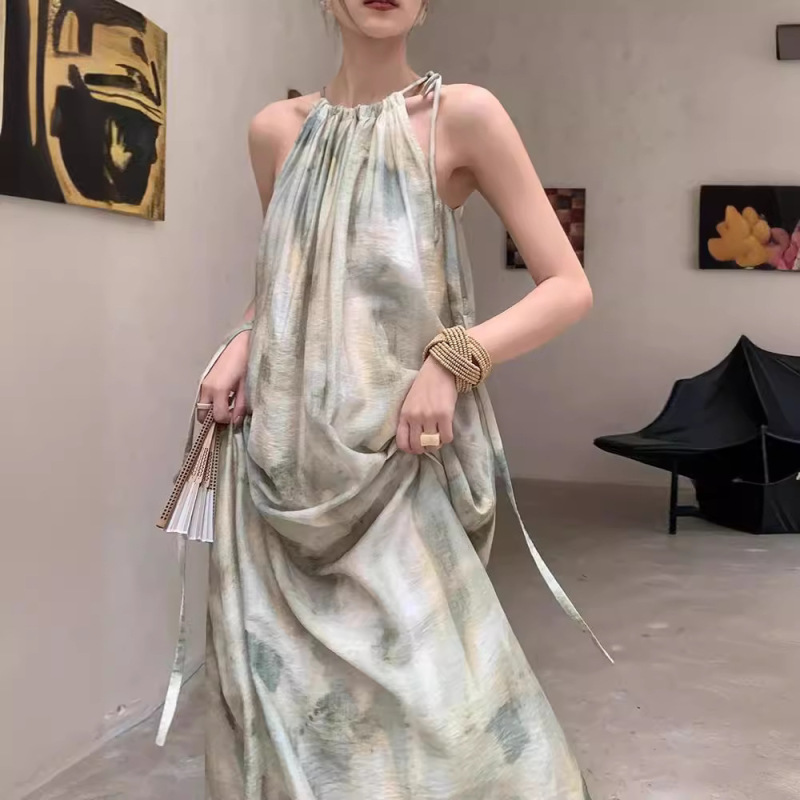 New Chinese Style Sleeveless Dye Green Unique Neck Dress Women's Summer 2024 New Lazy Style Holiday Dress