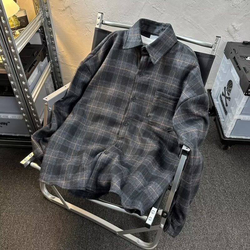 Plaid shirt men's long-sleeved Hong Kong style high-grade coat autumn and winter ruoshuai Japanese style top fashion brand workwear shirt