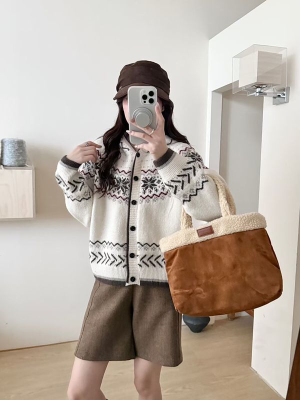韩系复古提花连帽毛衣外套女秋冬单排扣设计感软糯慵懒风针织开衫|undefined