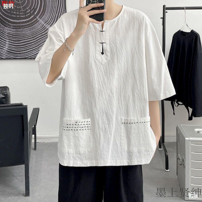 Chinese Style Men's Fat plus size Two Large Real Pockets with Cotton and Linen Half Sleeve T-shirt Men's Linen Half Sleeve Top Chinese Style Men's Fat plus size Two Large Real Pockets with Cotton and Linen Half Sleeve T-shirt Men's Linen Half Sleeve Top
