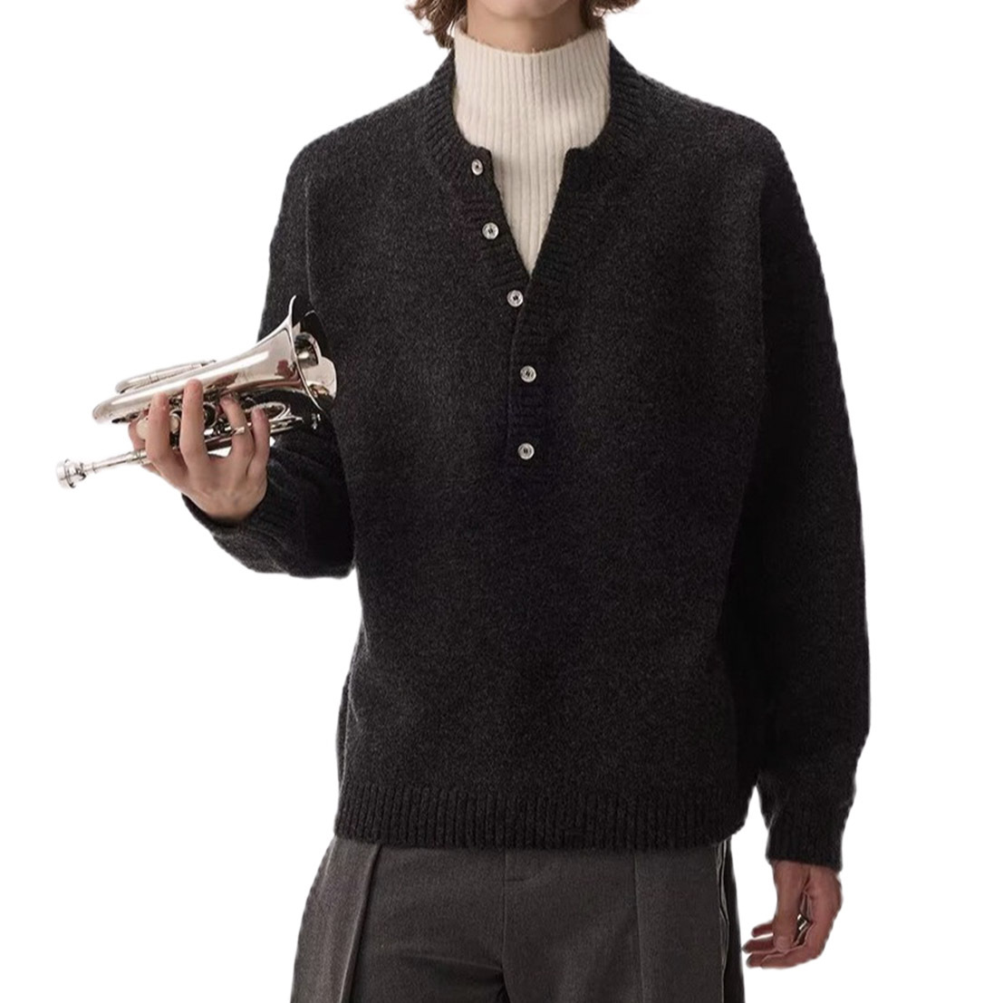 Explosiones transfronterizas de tamaño grande falso de tamaño europeo dos piezas de camisetas de punto de cuello medio alto suéter hombre viejo dinero de la fábrica de botón de moda al por mayor