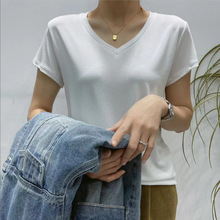 2024夏季新款韩版V领铜氨丝短袖T恤女薄款百搭时尚基础款白色上衣