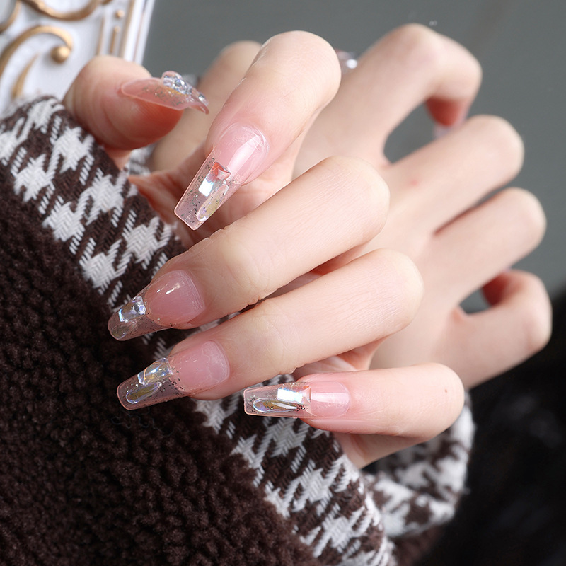 Manicura acabado Producto desmontaje desgaste pieza de uñas Internet celebridad hecho a mano gradiente europeo hielo transparente color nude estudiante novia de mediana longitud