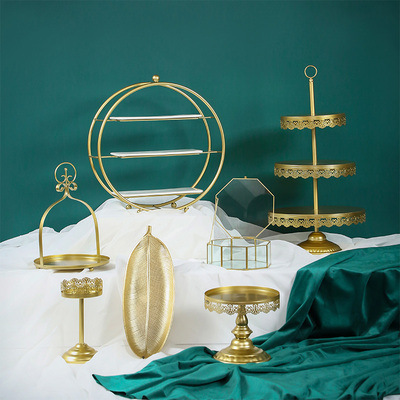 Tabla de postres de estilo europeo, estante de exhibición de bodas, banquete de bodas, estante de pastel, estante de té de la tarde, estante de golden snack set de 7 piezas