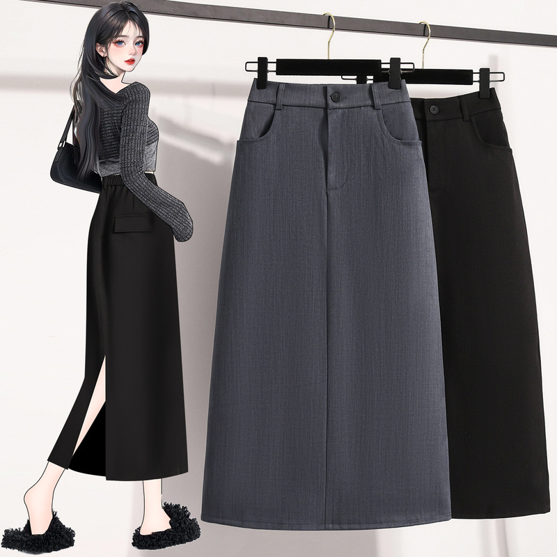Casual Autumn and Winter New Style Skirt for Women, High-Waisted Slit Zipper Suit Skirt, Loose Slimming Mid-Length A-Line Skirt Trendy