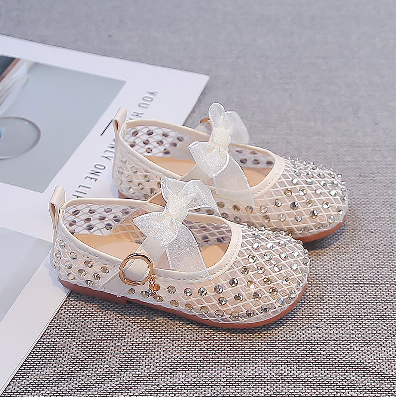 Zapatos de princesa de niñas 2026 verano nuevos zapatos de arco transpirables de malla para niños Marigold Zapatos de cuero para niños pequeños