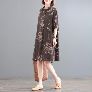 2025 Spring and Summer Retro Literary Loose Large Size Women's One Piece Drop Shipping A-Line Skirt Western Style Cotton and Linen Mid-Length Dress