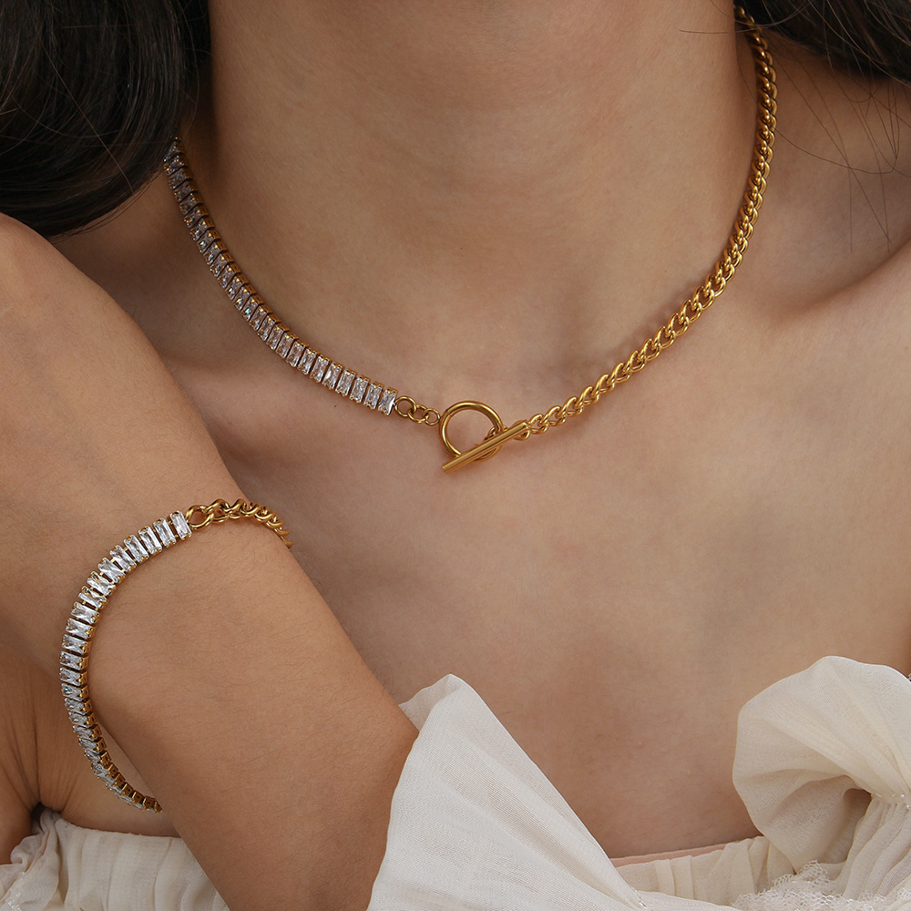 Fashion Square Stainless Steel Plating Inlay Zircon Bracelets Necklace