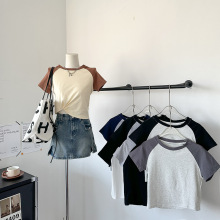 撞色纯棉插肩袖t恤女夏季2024短款韩系甜美百搭休闲短袖打底上衣