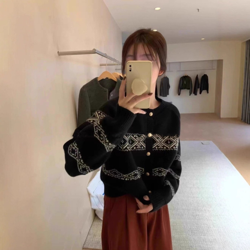韩系复古撞色提花针织开衫女秋冬慵懒风设计感宽松长袖毛衣外套女|undefined