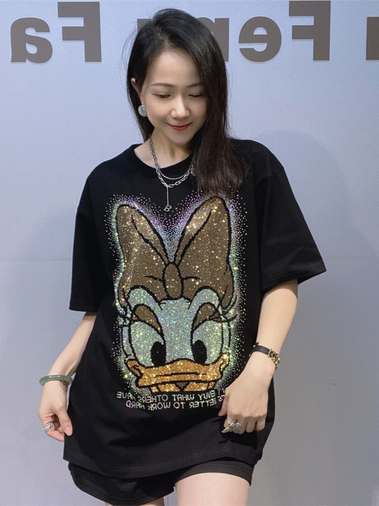 Camiseta de mangas cortas de gran tamaño de ropa de mujer americana de verano de diamante pesado caliente de cuello redondo de media manga de algodón