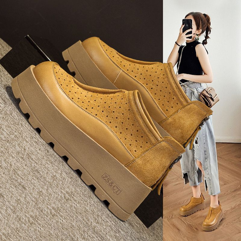 Thick-Soled Loafers for Women 2025 Spring and Summer New Versatile Hole Sandals Breathable Heightening Casual Shoes Short Boots