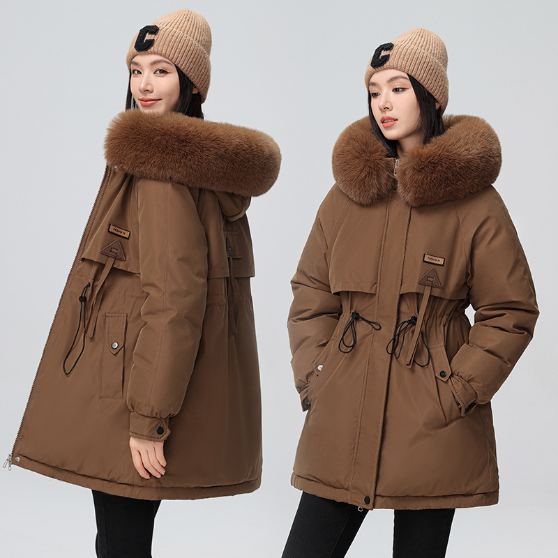 2024 foreign trade overcomes women's winter new Korean version waist cinching slimming hooded big fur collar cotton_voghion.com