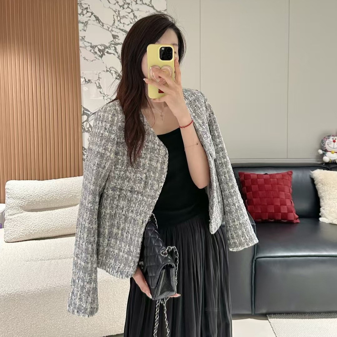 2025 Autumn New Short Tweed Chanel-Style Jacket Blue Fresh High-End Feel Women's Top