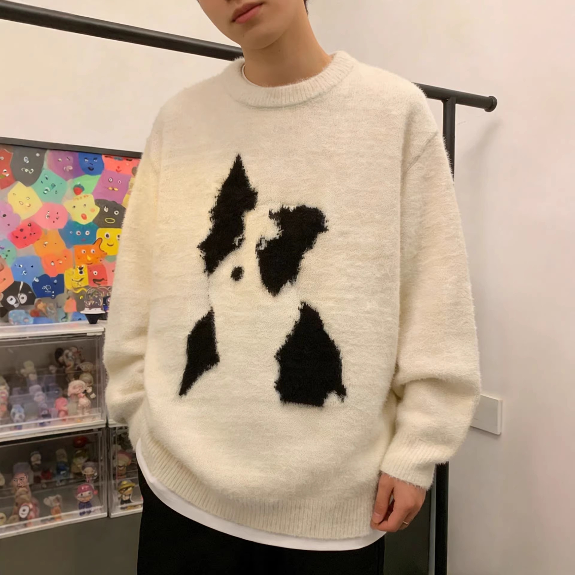 Herren Winterpullover aus Mohair mit Cartoon-Welpenmotiv, Rundhalsausschnitt, lässiger Strickpullover in entspannter Passform für Paare_voghion.com