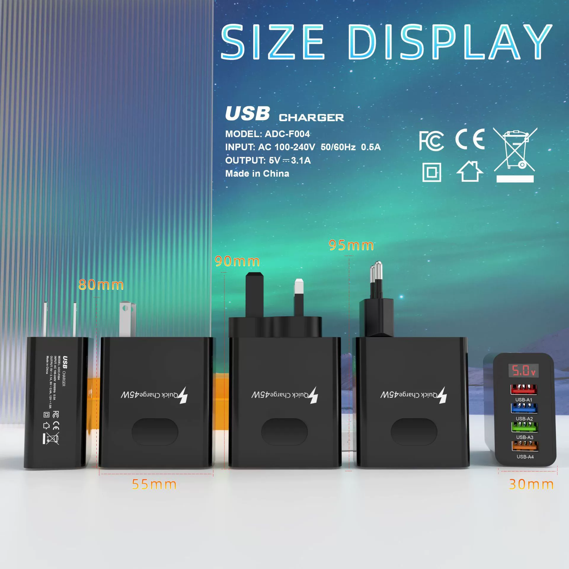 4 USB мультпортовый дисплей charger европейский, американский и британский 3.1A адаптер 45W четыре порта быстрая зарядка