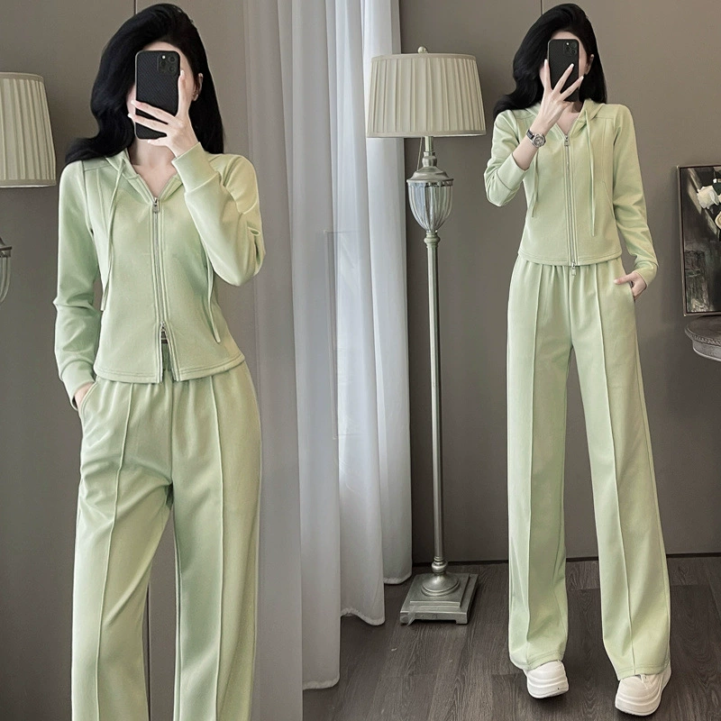 Старший чувственный соляной спортивный костюм для отдыха женщин весной и осенью тонкий с капюшоном свитер с высокой талией и широкими брюками из двух частей