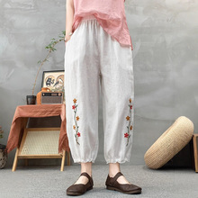 2024夏季松紧腰宽松显瘦亚麻刺绣休闲裤女文艺亚麻复古