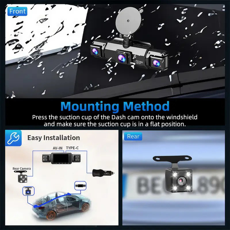 360 ° Cross-border four-camera high-definition dashcam with infrared night vision, supports mobile phone connectivity and 24-hour parking monitoring