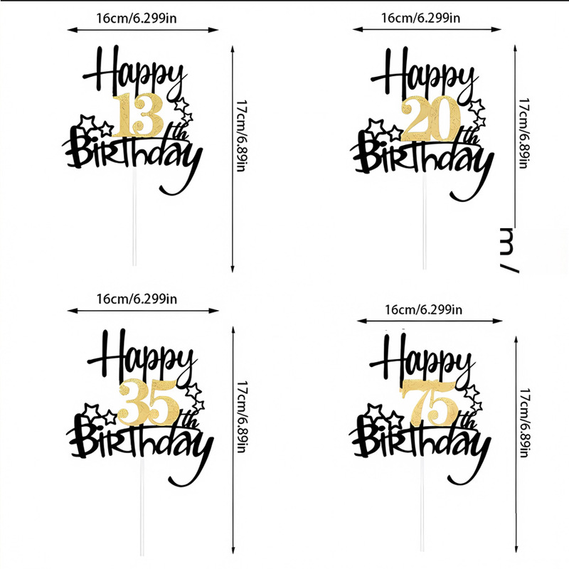 Cross-Border Supplier of Digital English Happy Birthday Cake Decoration Toppers, Black and Gold Shiny Birthday Party Supplies Manufacturer