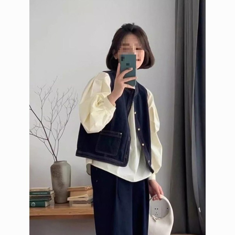 日系复古牛仔马甲女春秋小个子短款叠穿衬衫小坎肩外搭上衣马夹|undefined