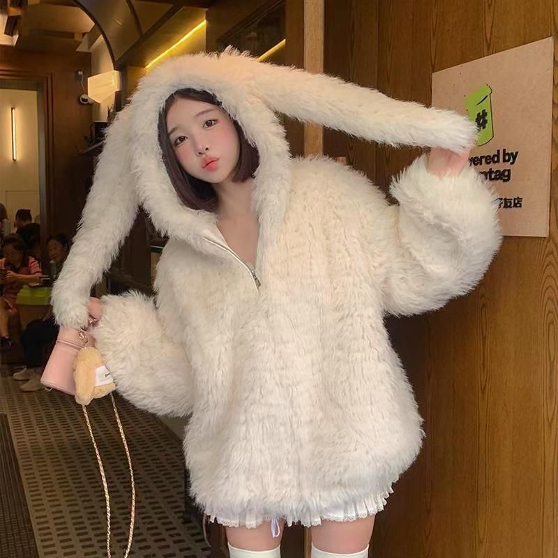 Imitation Lamb Wool Coat Women's Cardigan 2026 Autumn and Winter New Style Cute Bunny Ears Loose Thickeneded Furry Sweatshirt