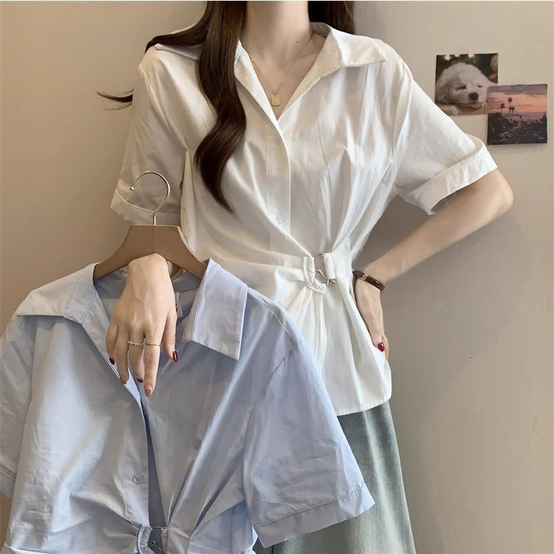 Plus Size Waist-Cinching Short-Sleeve Irregular Shirt 2025 Summer Slimming New Design Stylish Top Blouse for Women
