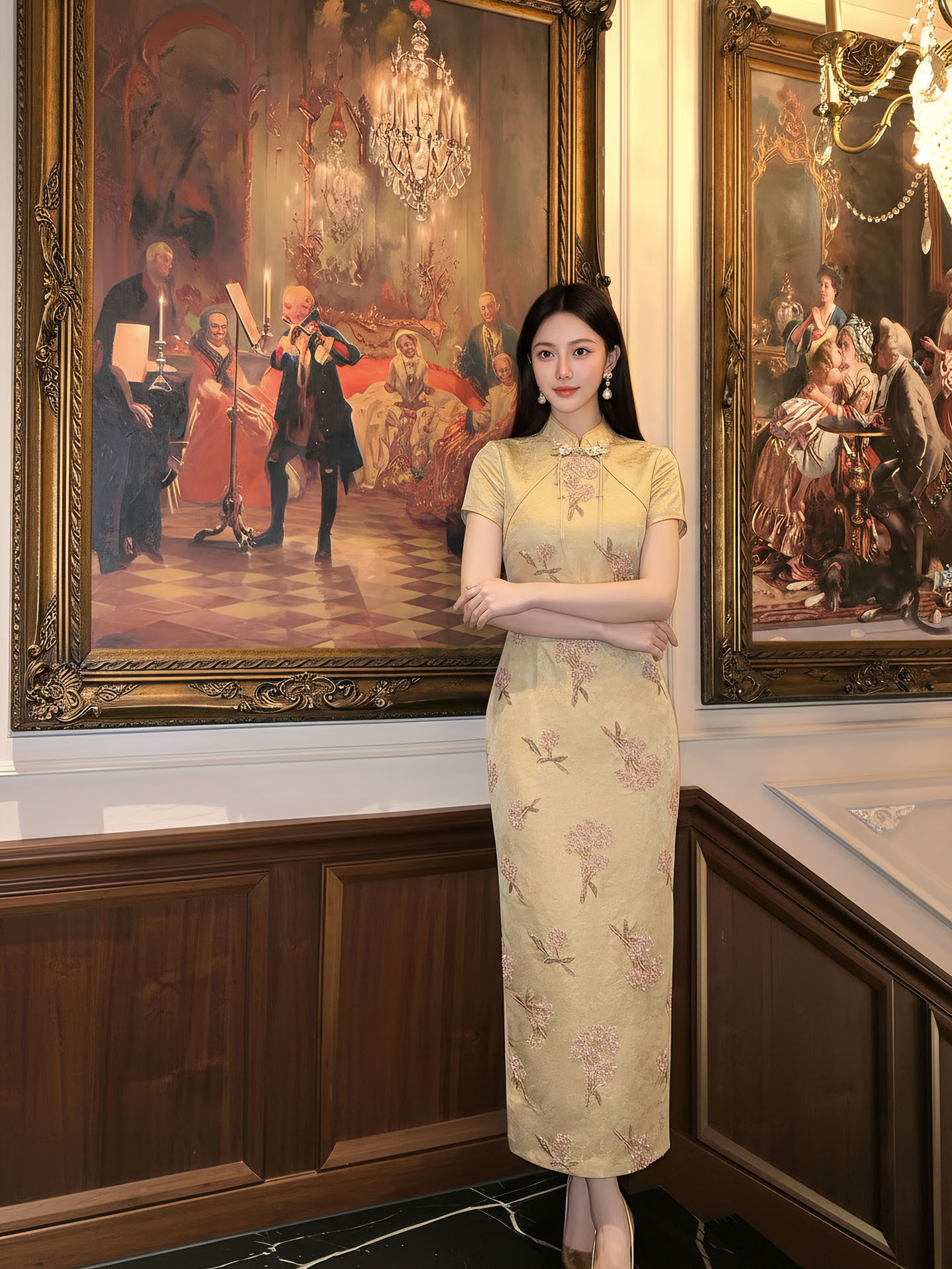 Đầm maxi nữ thêu ren hoa cổ trụ cài khuy, phong cách tân cổ điển — màu vàng