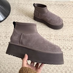 桑坡雪地靴厚底冬季新款真皮铅笔弹力靴迪普短靴保暖羊毛雪地棉靴