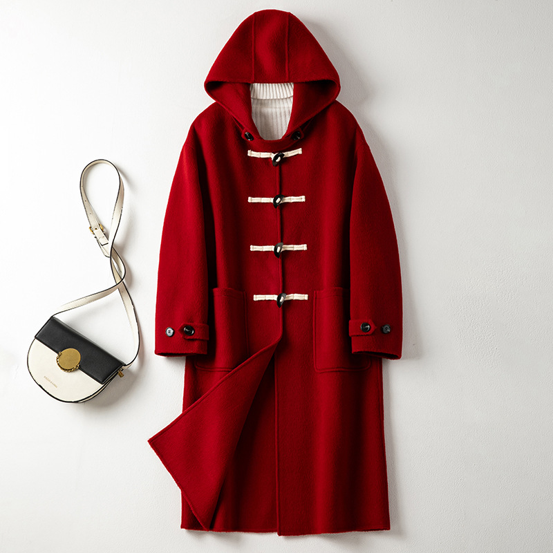 963#圣诞节牛角扣毛呢外套女中长款2025新款红色呢子大衣女春季