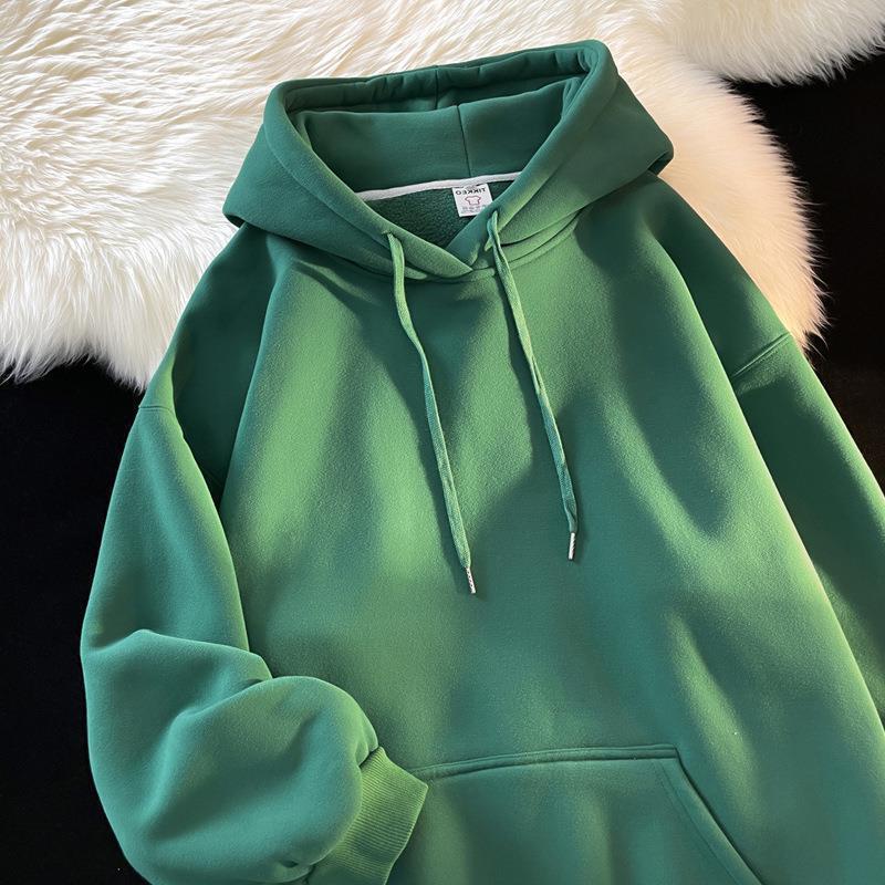 Dark Green Pure Color Hooded Velvet Sweatshirt Men's Autumn and Winter Basic Oversize New Outwear Casual