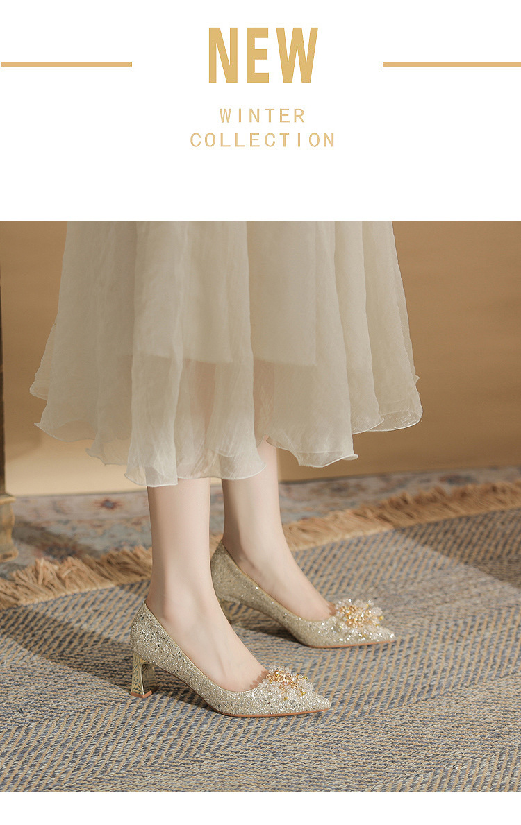 Giày cưới đính sequin mũi nhọn gót vuông cao 6 cm — Màu Sâm panh chi tiết 2