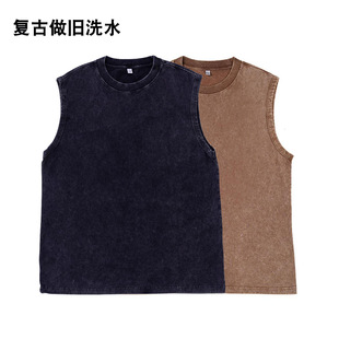 Washed distressed vest waistcoat Men's Heavy European and American retro sleeveless summer fashion brand Cotton loose fried flower T-shirt cross-border