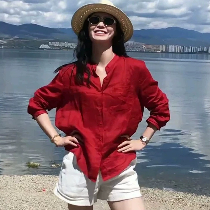 Old Money Style Red Thin Loose 100% Linen Shirt for Women, 2026 Spring/Summer New Model, Elegant and Versatile