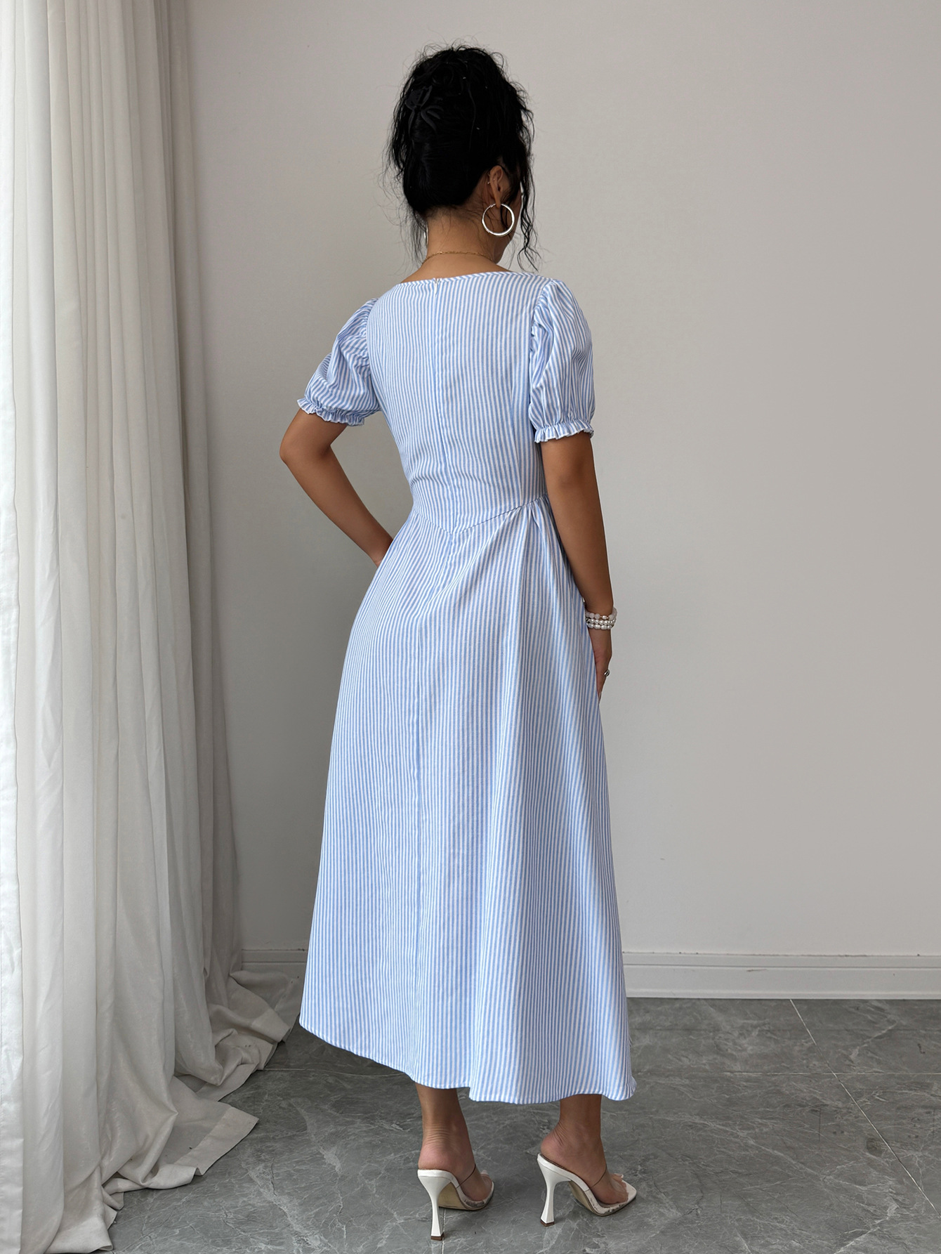 Elegant Blue White Striped Dress Puff Sleeves Women's Spring Summer_ecoleips.com