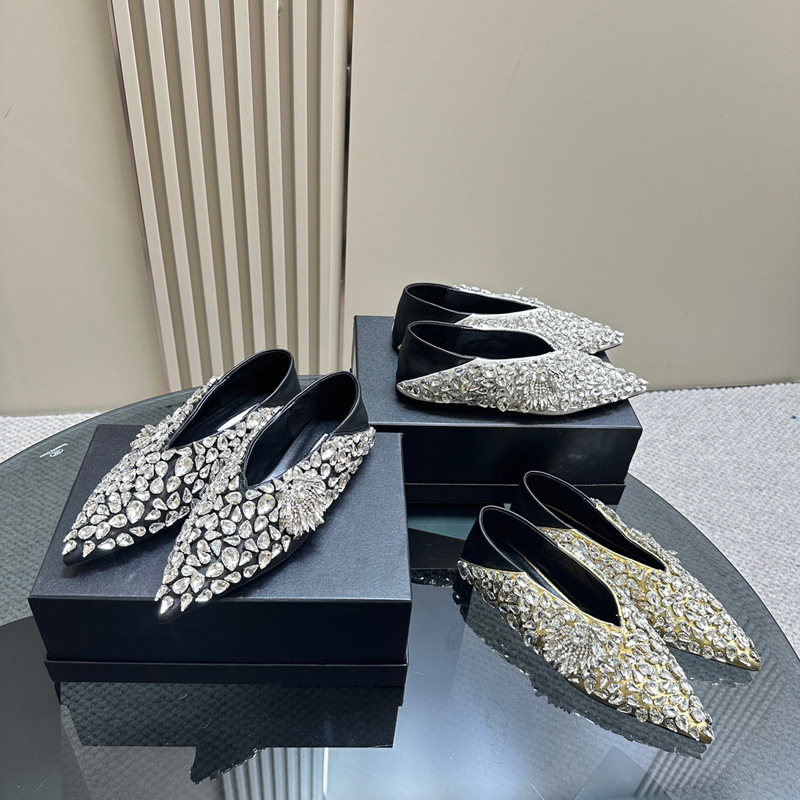 2024 early spring new genuine leather fashion full diamond two-way heel pointed flat crystal diamond shoes women's slip-on shoes