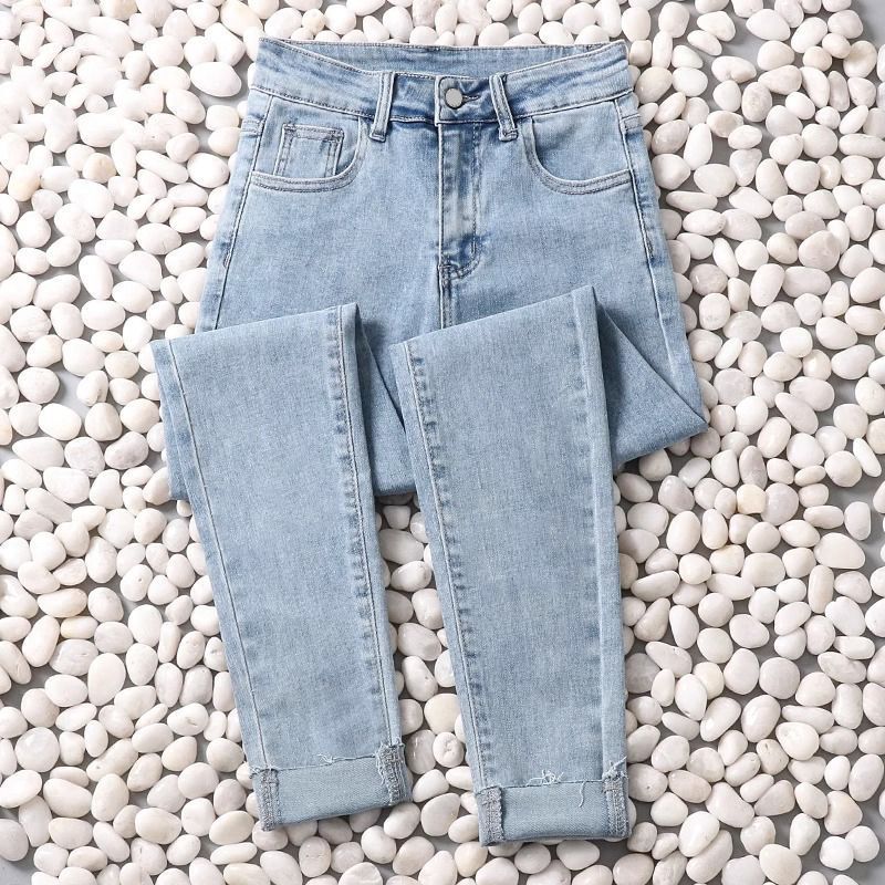 Light Blue Skinny Jeans for Women, Elastic High-Waisted Slimming Raw Hem Pencil Cropped Pants, New Summer 2025